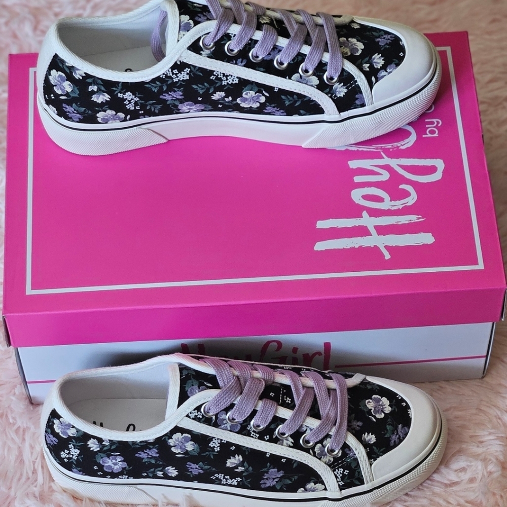 Corkys Floral Black and White Sneakers with Purple Laces - Picture 8 of 8